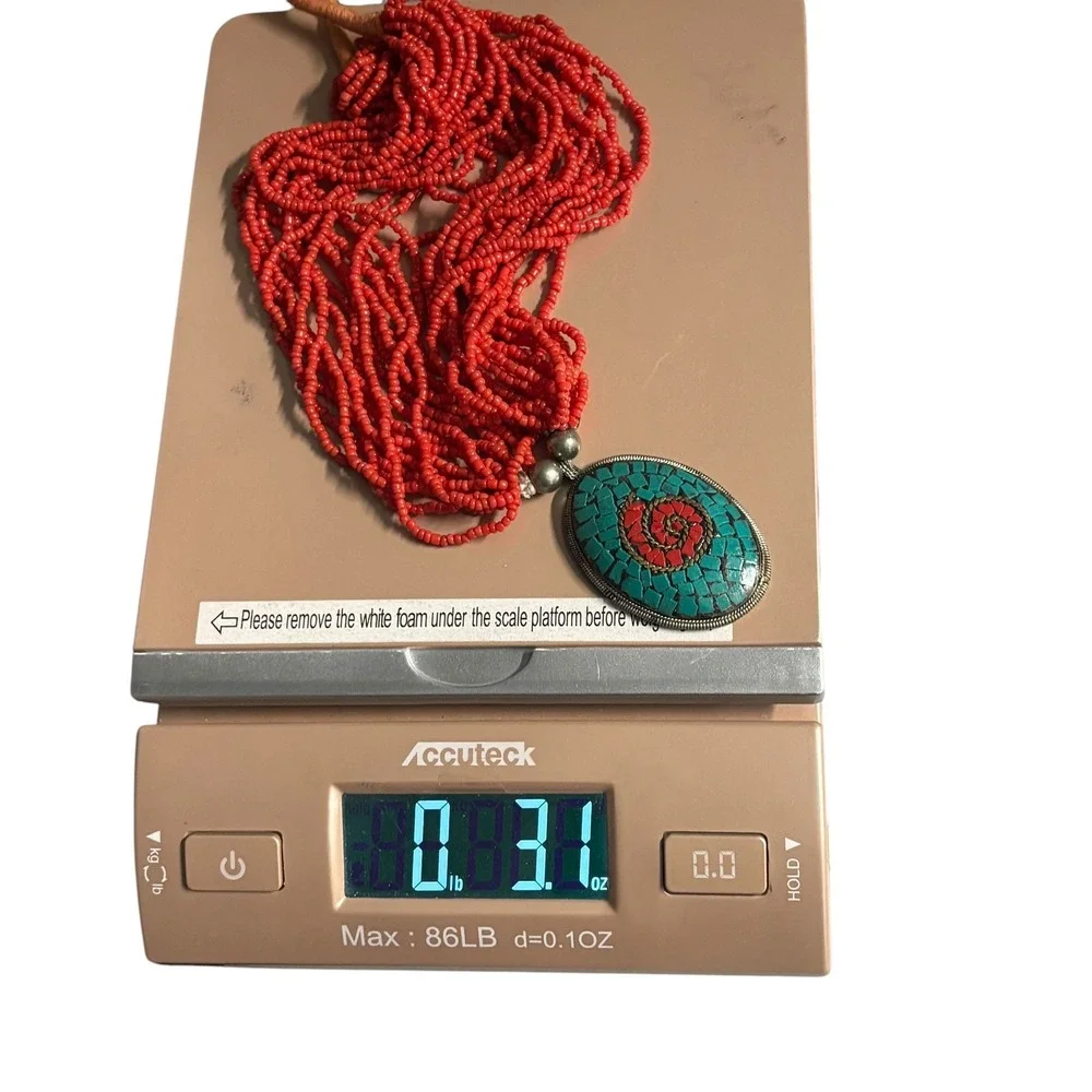 Vintage Red Multi Strand Seed Bead Necklace Turquoise Coral Mosaic Pendant Boho